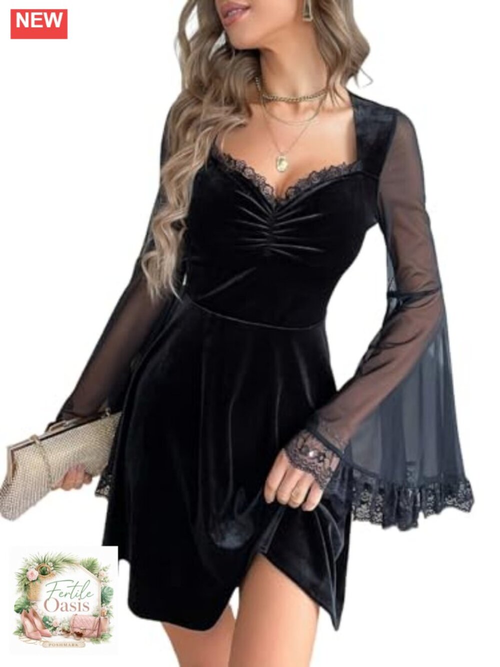 Gothic Velvet Lace Trim High Waist Prom Party Dress with Mesh Bell Sleeves